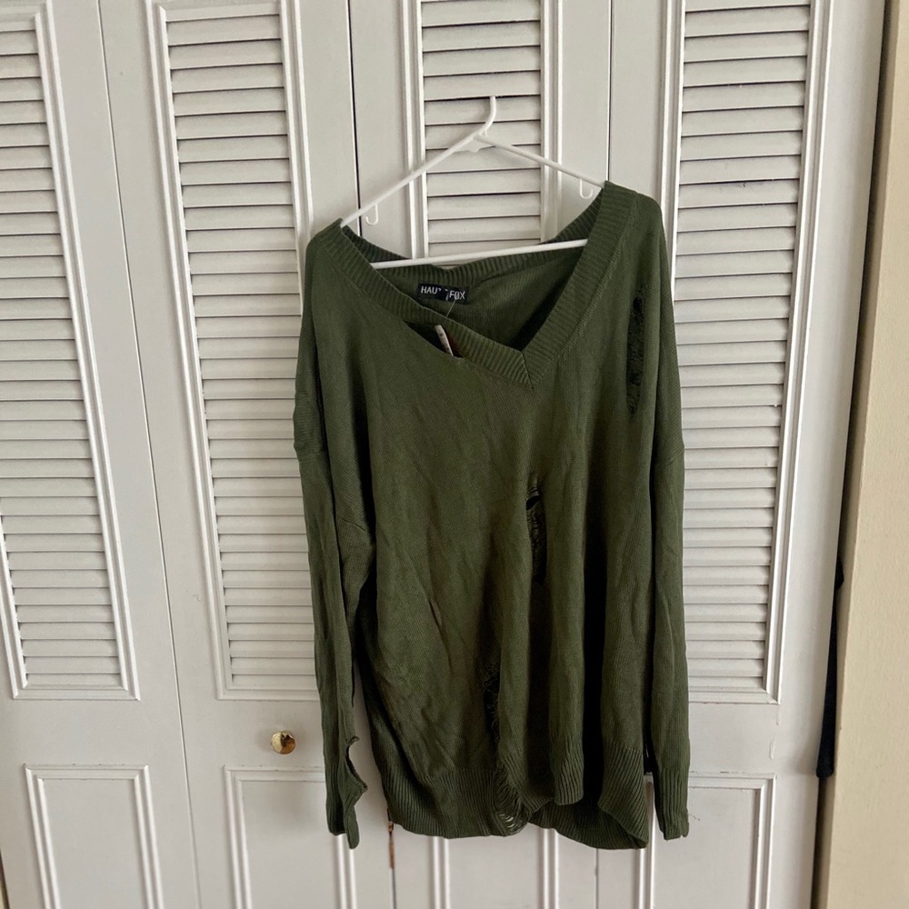 Ripped olive v neck sweater